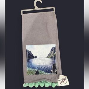 Gray Kitchen Towel with Scenic Print & Teal Pom Poms